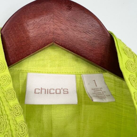 Chicos Sz Medium 1 US 8/10 Neone Green LINEN BLEND Tropical Blouse Shirt Top - Picture 2 of 9